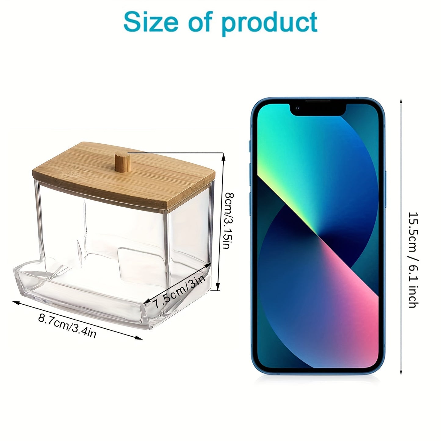 Clear Acrylic Swab Holder with High-Quality Wooden Lid - Sleek, Polished Bathroom Container for Swabs & Pads, Lightweight & Easy to Install, Bathroom Accessories
