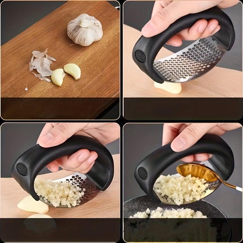 Stainless Steel Manual Garlic Press with Ergonomic Black Handle