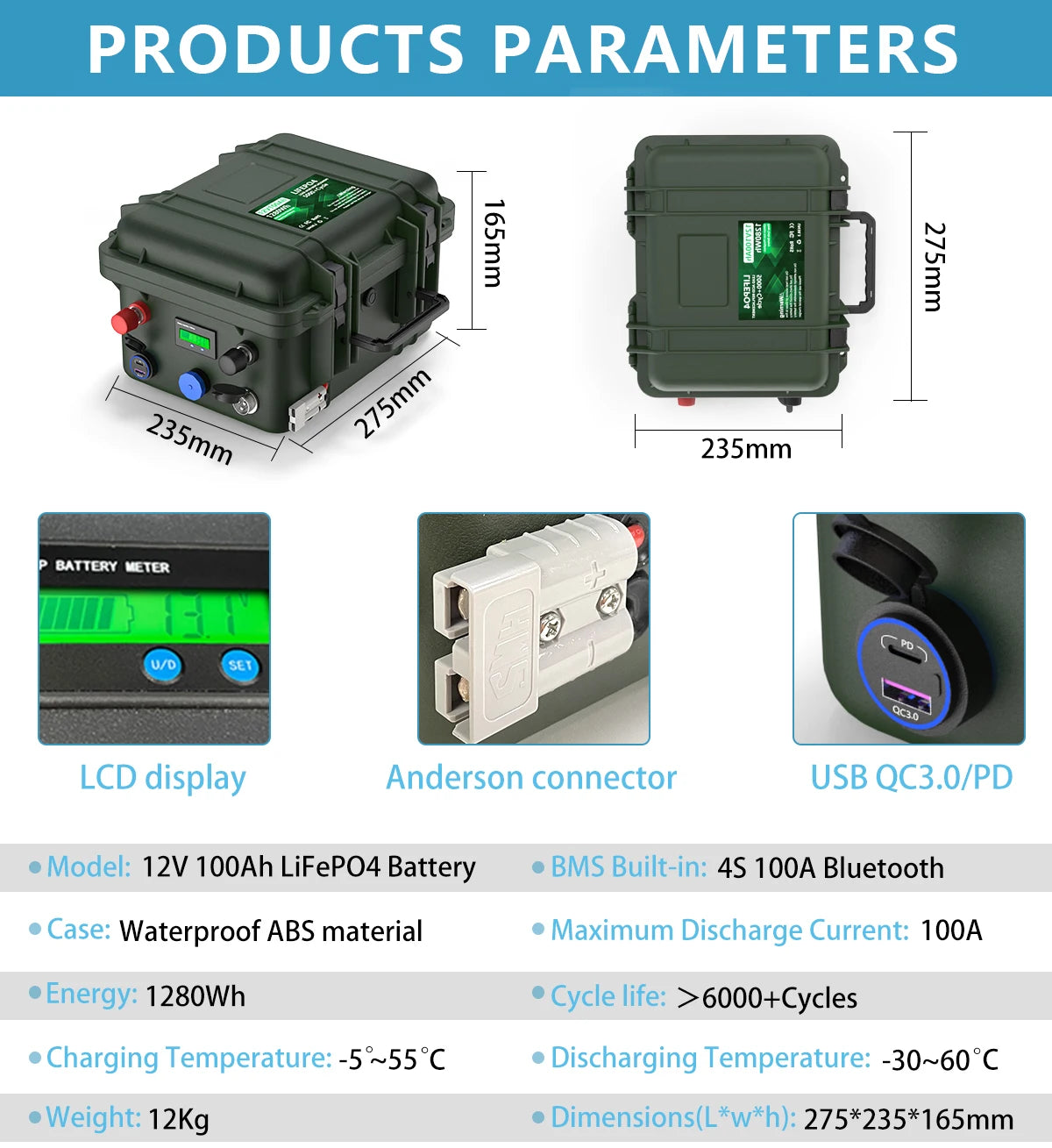 LiFePO4 12V 100AH 140AH 200AH Battery Pack 12.8V Lithium Battery 6000+ Cycles With Bluetooth