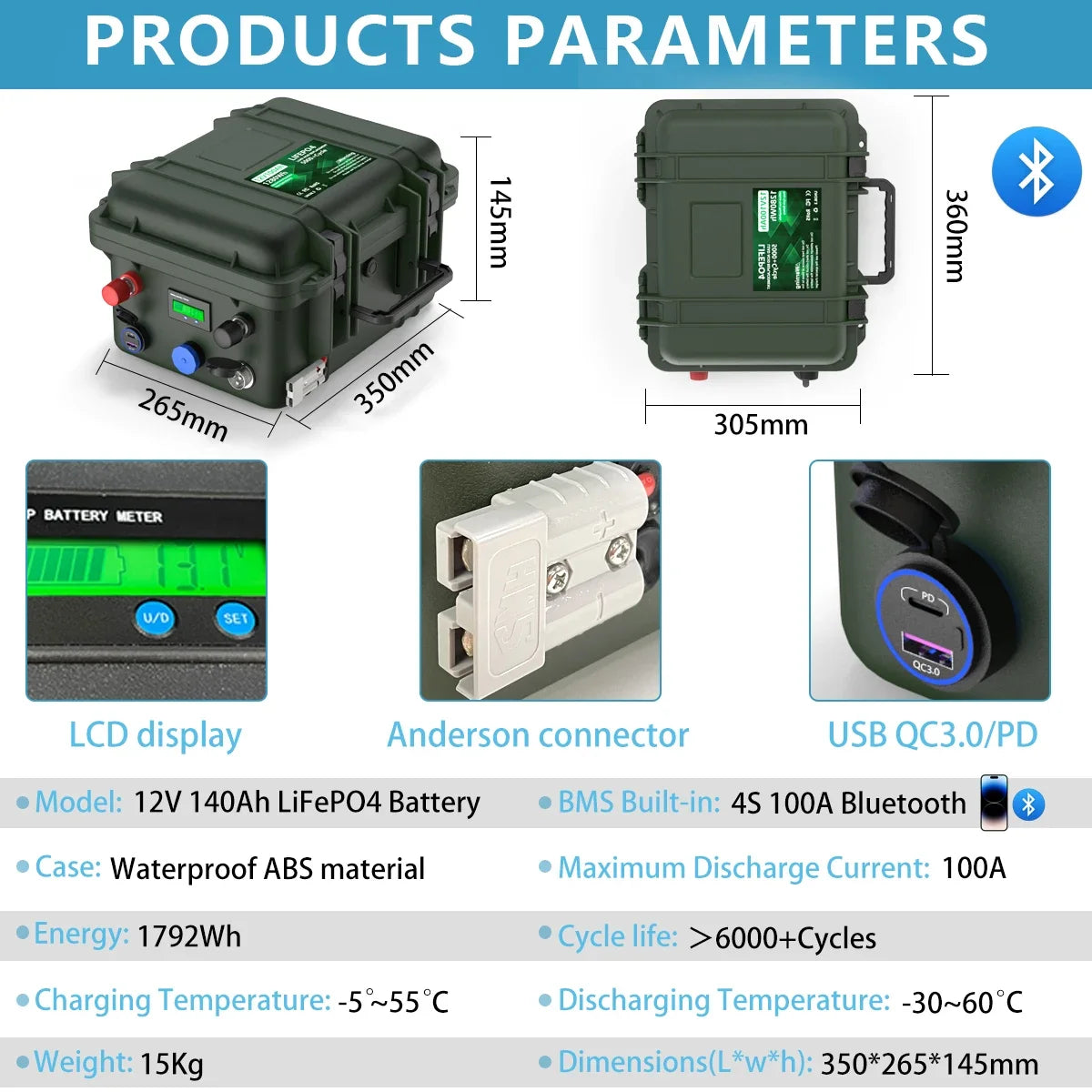 LiFePO4 12V 100AH 140AH 200AH Battery Pack 12.8V Lithium Battery 6000+ Cycles With Bluetooth