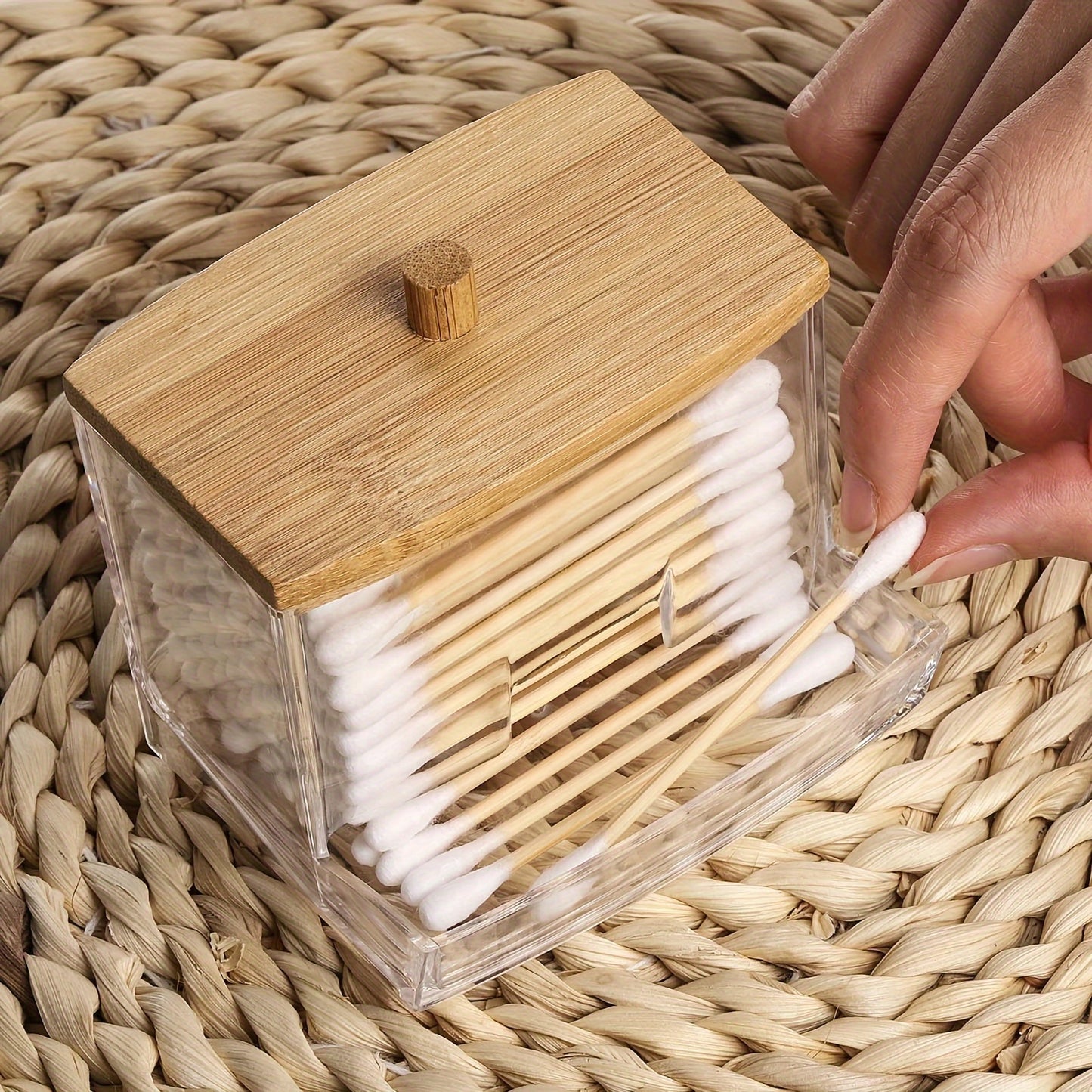 Clear Acrylic Swab Holder with High-Quality Wooden Lid - Sleek, Polished Bathroom Container for Swabs & Pads, Lightweight & Easy to Install, Bathroom Accessories