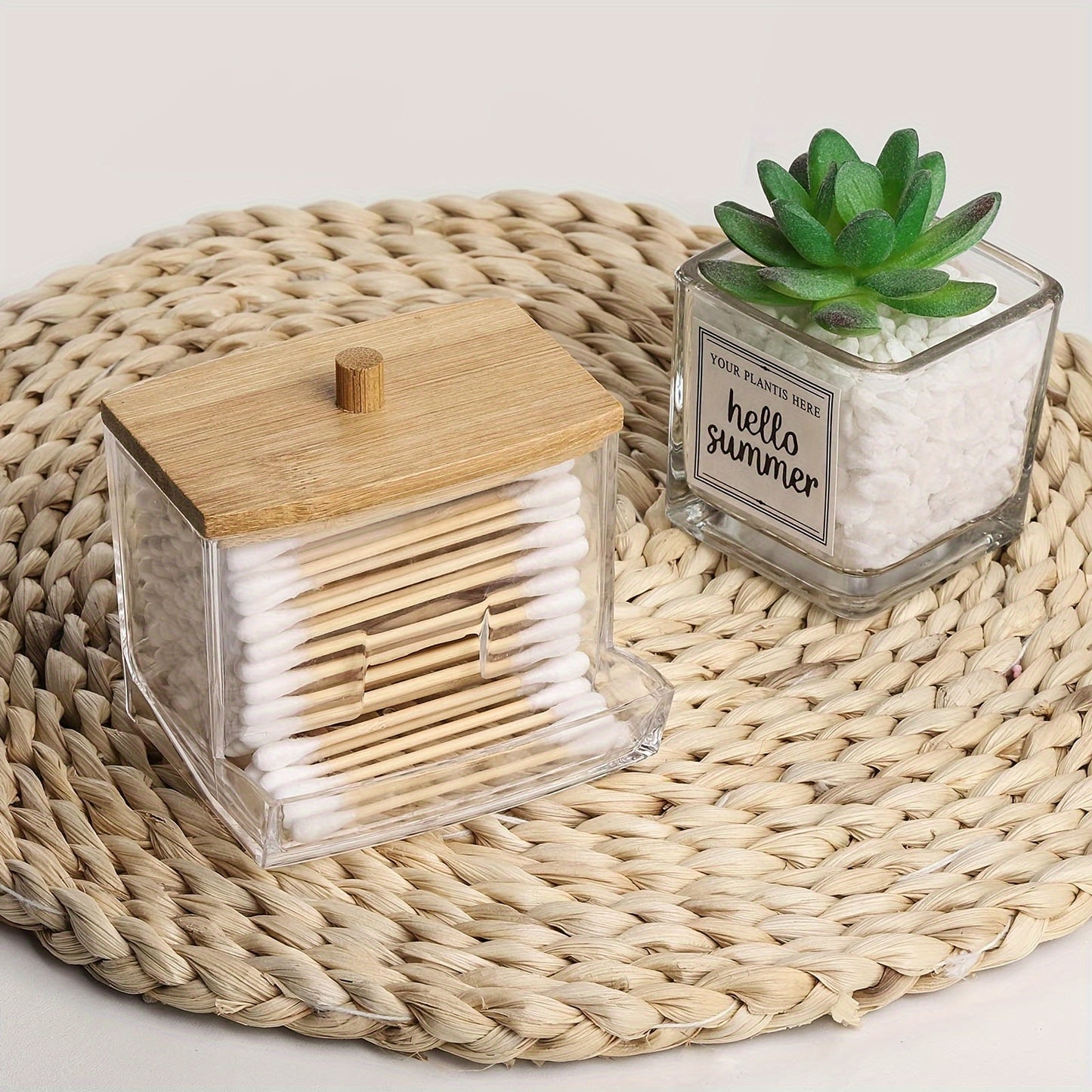 Clear Acrylic Swab Holder with High-Quality Wooden Lid - Sleek, Polished Bathroom Container for Swabs & Pads, Lightweight & Easy to Install, Bathroom Accessories