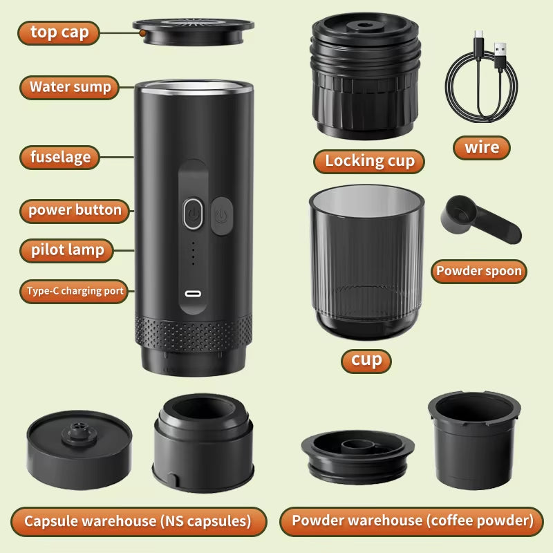 Wireless Electric Espresso Coffee Machine for Car & Home Camping Portable Coffee Maker 2-In-1 Capsule Powder Travel Coffee Maker