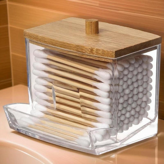 Clear Acrylic Swab Holder with High-Quality Wooden Lid - Sleek, Polished Bathroom Container for Swabs & Pads, Lightweight & Easy to Install, Bathroom Accessories