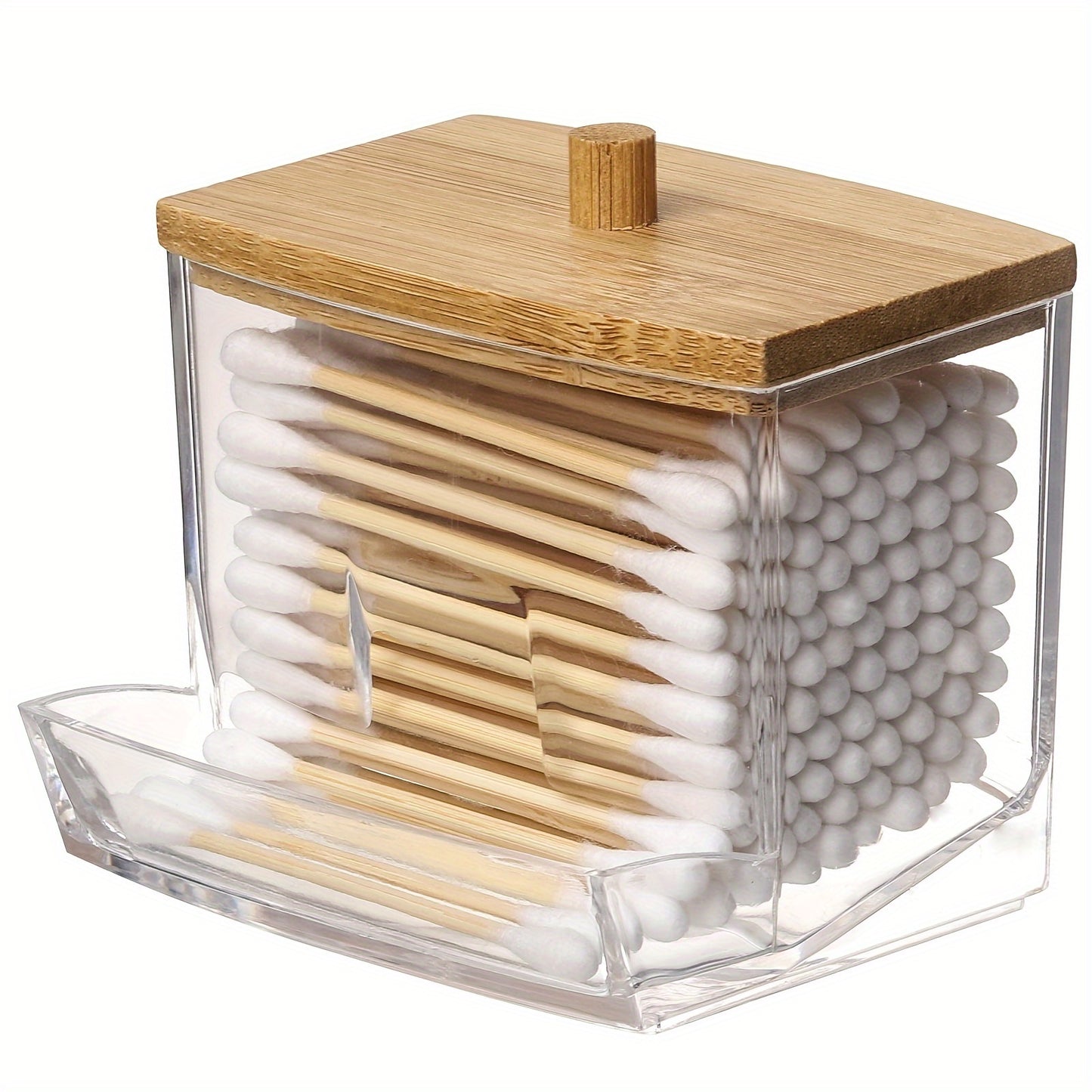 Clear Acrylic Swab Holder with High-Quality Wooden Lid - Sleek, Polished Bathroom Container for Swabs & Pads, Lightweight & Easy to Install, Bathroom Accessories