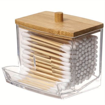 Clear Acrylic Swab Holder with High-Quality Wooden Lid - Sleek, Polished Bathroom Container for Swabs & Pads, Lightweight & Easy to Install, Bathroom Accessories