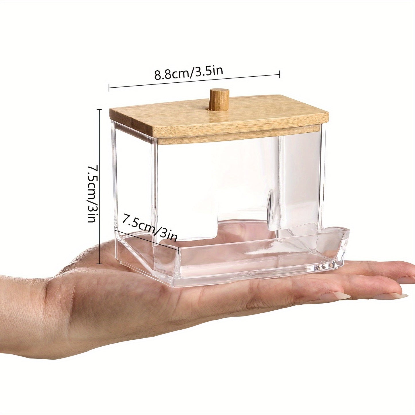 Clear Acrylic Swab Holder with High-Quality Wooden Lid - Sleek, Polished Bathroom Container for Swabs & Pads, Lightweight & Easy to Install, Bathroom Accessories