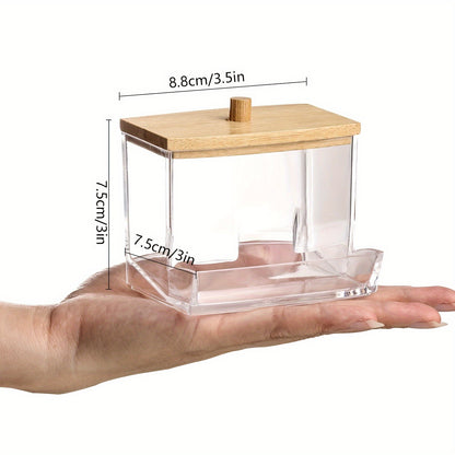 Clear Acrylic Swab Holder with High-Quality Wooden Lid - Sleek, Polished Bathroom Container for Swabs & Pads, Lightweight & Easy to Install, Bathroom Accessories