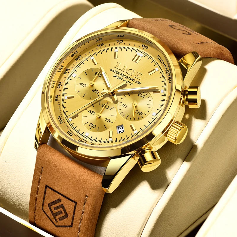 LIGE Luxury Man Watch High Quality Waterproof Chronograph Luminous Men's Wristwatch Leather Men Quartz Watches Casual Clock