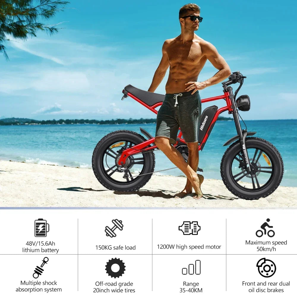 HD-B6  Electric Bike 1200W Powerful Motor 48V15.6AH Removable Battery Aldult Electric Bicycle 20*4.0 Fat Tire All Terrain E-bike