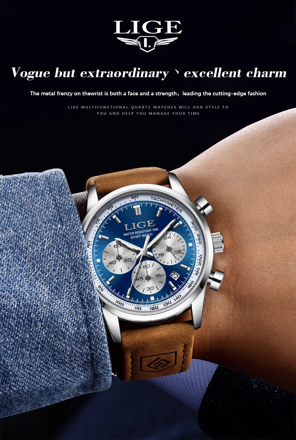 LIGE Luxury Man Watch High Quality Waterproof Chronograph Luminous Men's Wristwatch Leather Men Quartz Watches Casual Clock