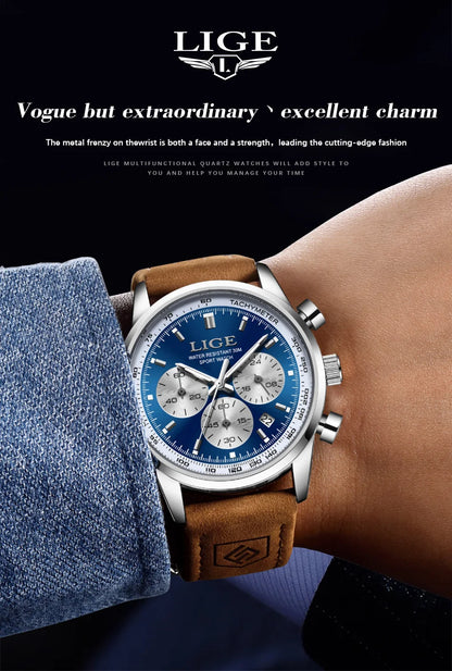 LIGE Luxury Man Watch High Quality Waterproof Chronograph Luminous Men's Wristwatch Leather Men Quartz Watches Casual Clock
