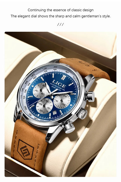 LIGE Luxury Man Watch High Quality Waterproof Chronograph Luminous Men's Wristwatch Leather Men Quartz Watches Casual Clock