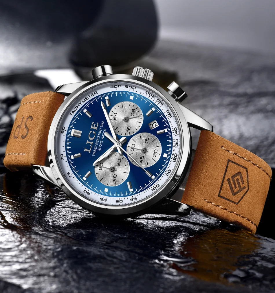 LIGE Luxury Man Watch High Quality Waterproof Chronograph Luminous Men's Wristwatch Leather Men Quartz Watches Casual Clock