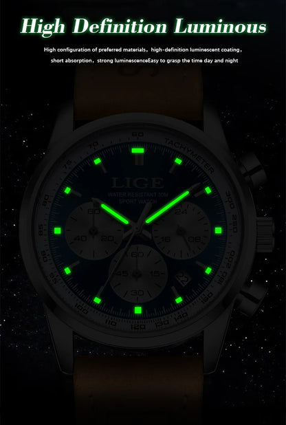 LIGE Luxury Man Watch High Quality Waterproof Chronograph Luminous Men's Wristwatch Leather Men Quartz Watches Casual Clock