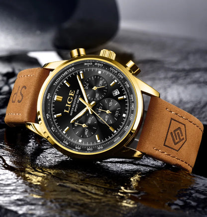 LIGE Luxury Man Watch High Quality Waterproof Chronograph Luminous Men's Wristwatch Leather Men Quartz Watches Casual Clock