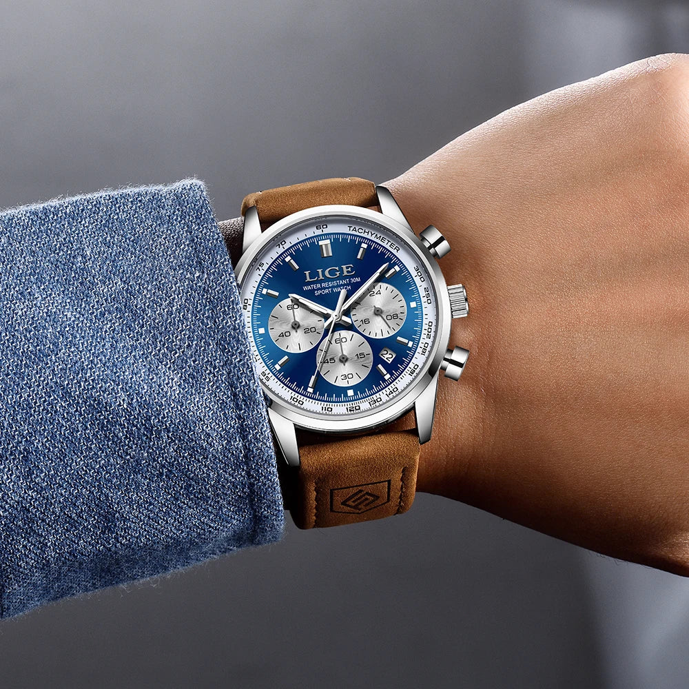 LIGE Luxury Man Watch High Quality Waterproof Chronograph Luminous Men's Wristwatch Leather Men Quartz Watches Casual Clock