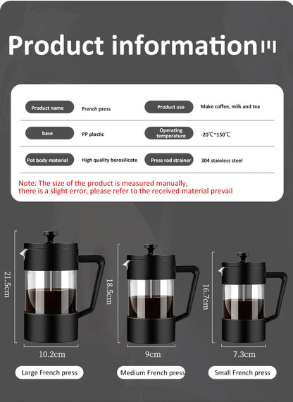 French Press Coffee Maker 350ML/600ML/1000ML High Borosilicate Glass House Coffee Brewer Milk Foam Frother Coffee Accessories