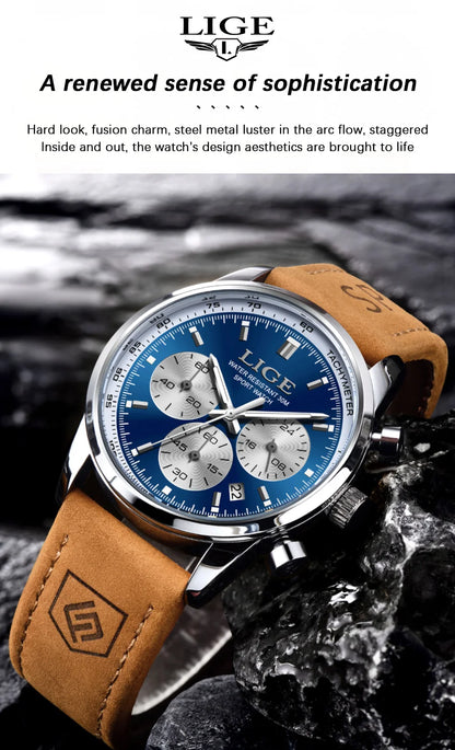LIGE Luxury Man Watch High Quality Waterproof Chronograph Luminous Men's Wristwatch Leather Men Quartz Watches Casual Clock