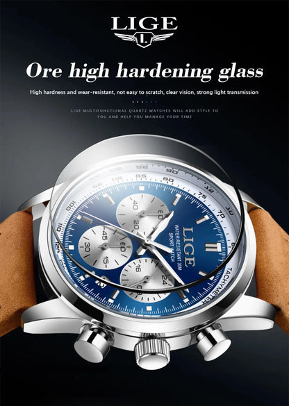 LIGE Luxury Man Watch High Quality Waterproof Chronograph Luminous Men's Wristwatch Leather Men Quartz Watches Casual Clock