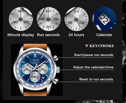 LIGE Luxury Man Watch High Quality Waterproof Chronograph Luminous Men's Wristwatch Leather Men Quartz Watches Casual Clock