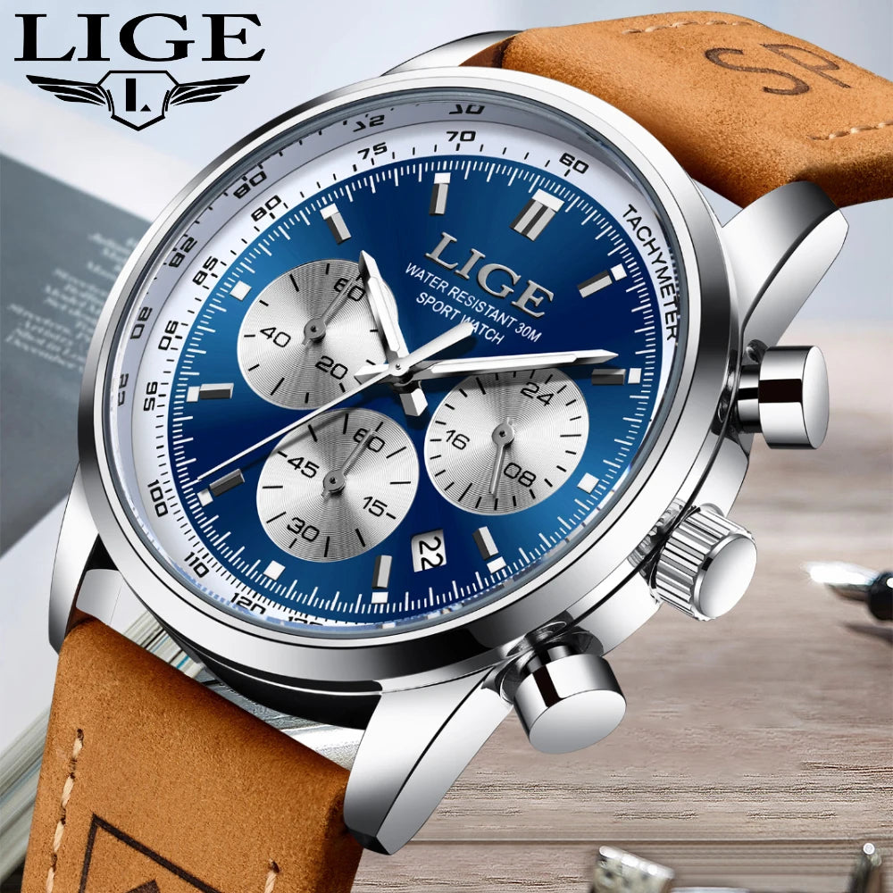 LIGE Luxury Man Watch High Quality Waterproof Chronograph Luminous Men's Wristwatch Leather Men Quartz Watches Casual Clock