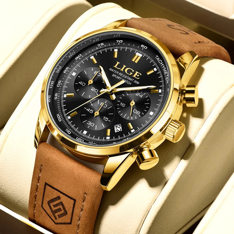 LIGE Luxury Man Watch High Quality Waterproof Chronograph Luminous Men's Wristwatch Leather Men Quartz Watches Casual Clock