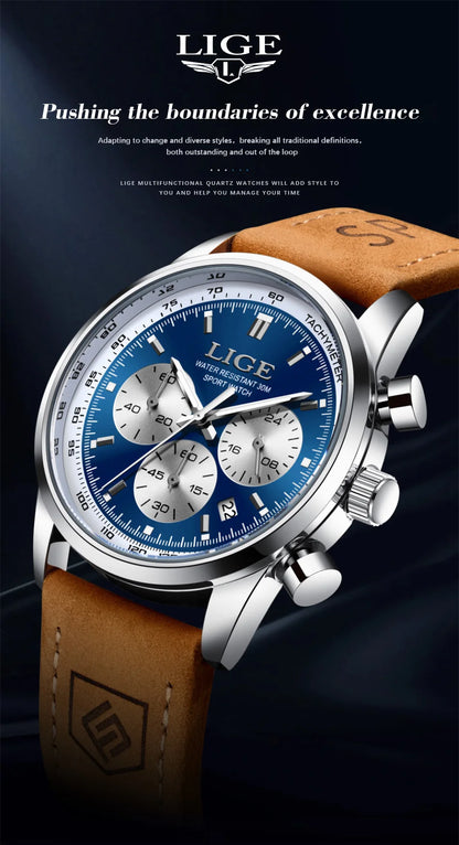 LIGE Luxury Man Watch High Quality Waterproof Chronograph Luminous Men's Wristwatch Leather Men Quartz Watches Casual Clock