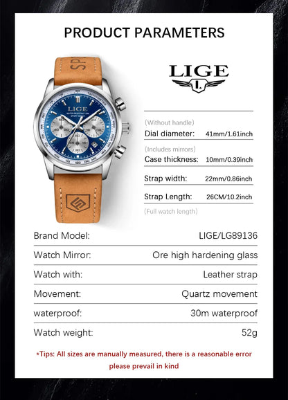 LIGE Luxury Man Watch High Quality Waterproof Chronograph Luminous Men's Wristwatch Leather Men Quartz Watches Casual Clock