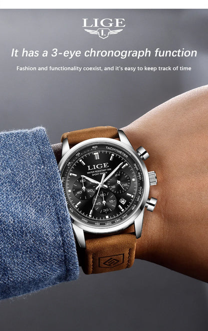 LIGE Luxury Man Watch High Quality Waterproof Chronograph Luminous Men's Wristwatch Leather Men Quartz Watches Casual Clock