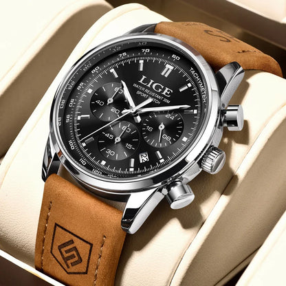 LIGE Luxury Man Watch High Quality Waterproof Chronograph Luminous Men's Wristwatch Leather Men Quartz Watches Casual Clock