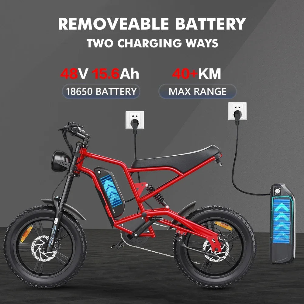 HD-B6  Electric Bike 1200W Powerful Motor 48V15.6AH Removable Battery Aldult Electric Bicycle 20*4.0 Fat Tire All Terrain E-bike