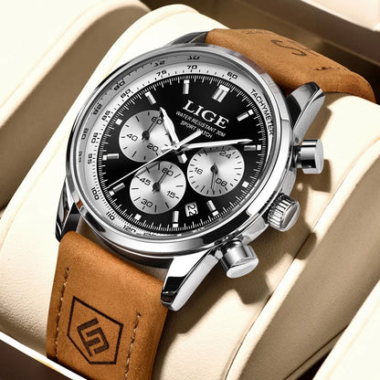 LIGE Luxury Man Watch High Quality Waterproof Chronograph Luminous Men's Wristwatch Leather Men Quartz Watches Casual Clock