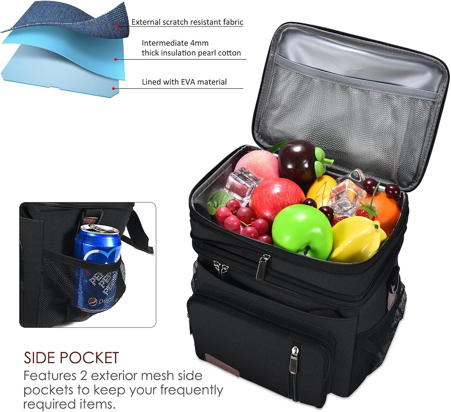Lunch Bag & Lunch Box for Men Women Double Deck - Leakproof Insulated Soft Large Adult Lunch Cooler Bag for Work Picnic (Black,15L)