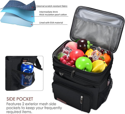 Lunch Bag & Lunch Box for Men Women Double Deck - Leakproof Insulated Soft Large Adult Lunch Cooler Bag for Work Picnic (Black,15L)