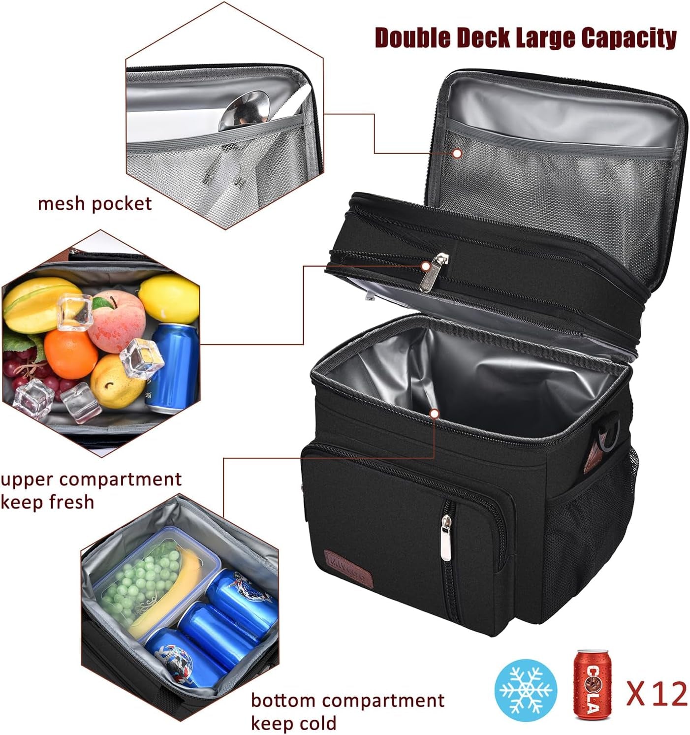 Lunch Bag & Lunch Box for Men Women Double Deck - Leakproof Insulated Soft Large Adult Lunch Cooler Bag for Work Picnic (Black,15L)