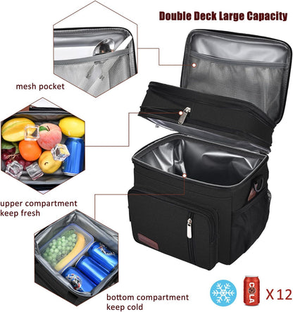 Lunch Bag & Lunch Box for Men Women Double Deck - Leakproof Insulated Soft Large Adult Lunch Cooler Bag for Work Picnic (Black,15L)