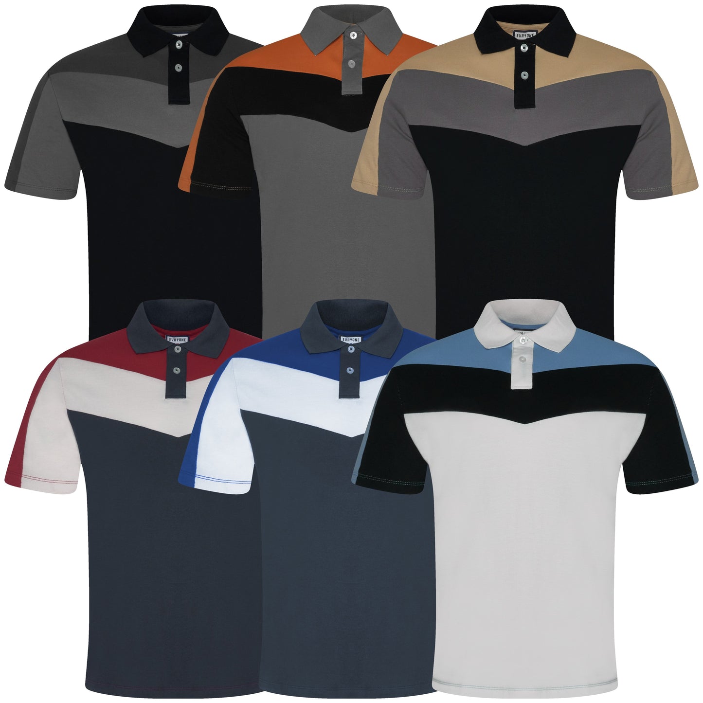 Collection of color-blocked polo shirts on a white background