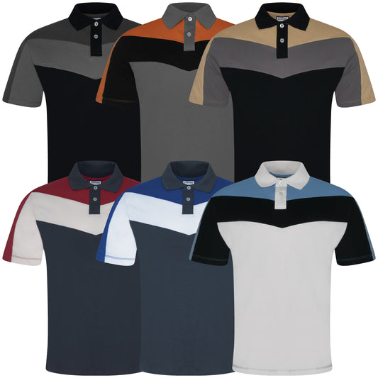Collection of color-blocked polo shirts on a white background